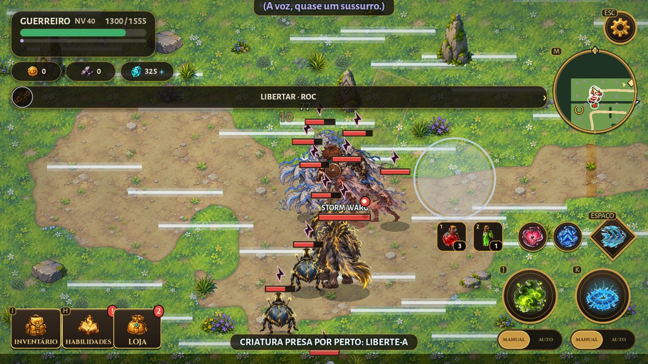 Captura do jogo: o Guerreiro em Halvorn, entre lobos e saqueadores, com as faixas brancas da rajada de vento.