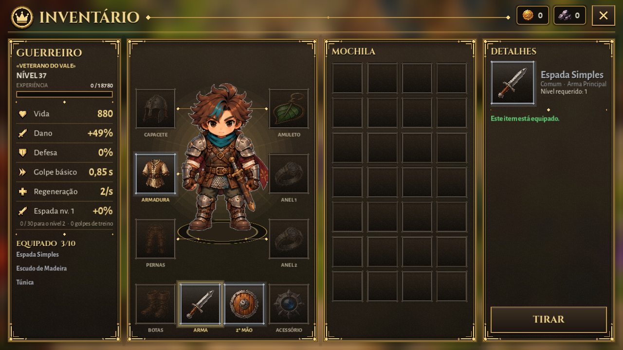 Captura do jogo: o inventário, com o Guerreiro, os dez espaços de equipamento e a mochila.